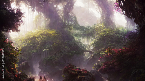 green forest landscape with sunlight and flowers