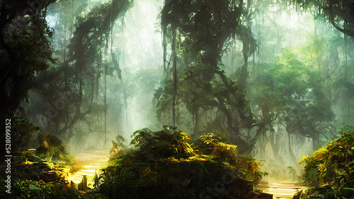 sun rays through the tropical forest with mist