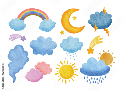 Watercolor weather rainbow, rain clouds, sun, moon, star, lightening, wind illustration