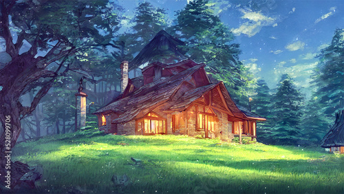 beautiful forest landscape with old house  at night in 2d digital art