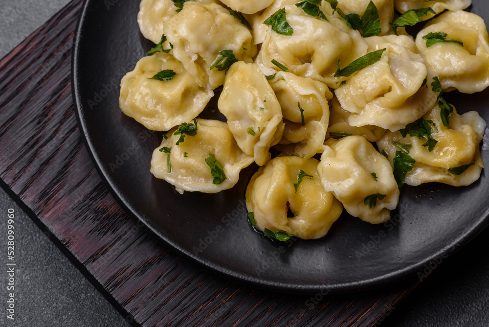 Delicious fresh dumplings with turkey meat, with spices and herbs Delicious fresh dumplings with turkey meat, with spices and herbs