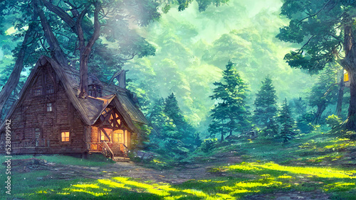beautiful forest landscape with old house with smoking chimney, spring morning