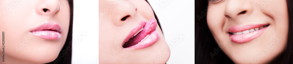 Set of woman's lips with natural pink lipstick makeup. Close up sexy lipgloss make-up Set of woman's lips with natural pink lipstick makeup. Close up sexy lipgloss make-up