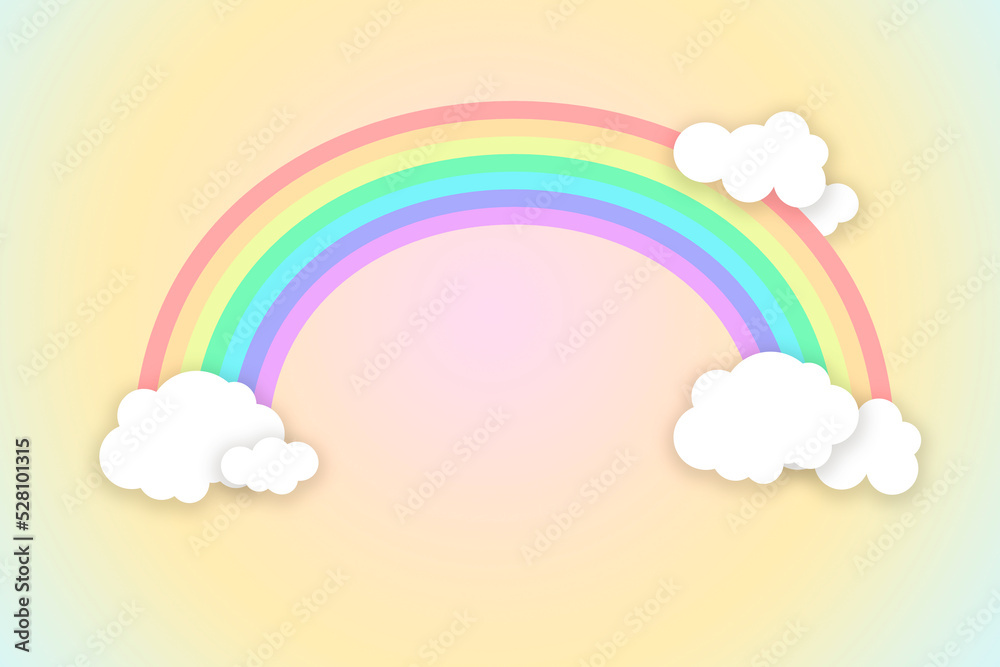 Children's illustration of clouds with a large rainbow. All illustration with pastel and soft colors. Large space for text. Children's illustration of clouds with a large rainbow. All illustration with pastel and soft colors. Large space for text.