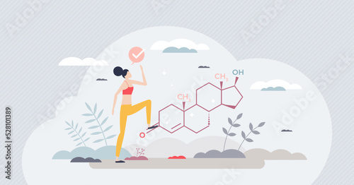 Testosterone hormone in female body as chemical element tiny person concept. Molecular girls sex steroid produced in woman ovary, adrenal gland and fat cells vector illustration. Biochemistry formula