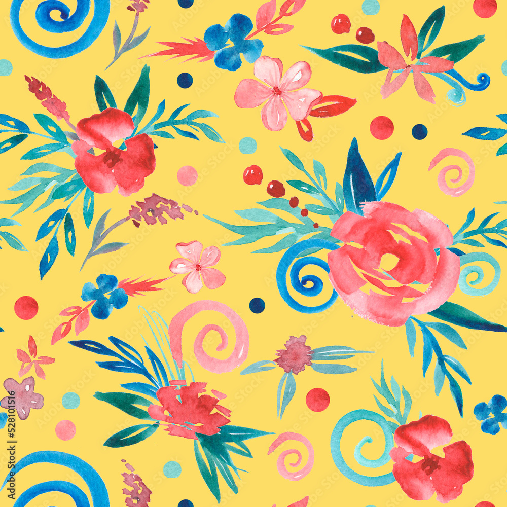 Watercolor seamless botanical pattern with abstract elements. Floral art at yellow background with blue and red flowers for textile and packing.