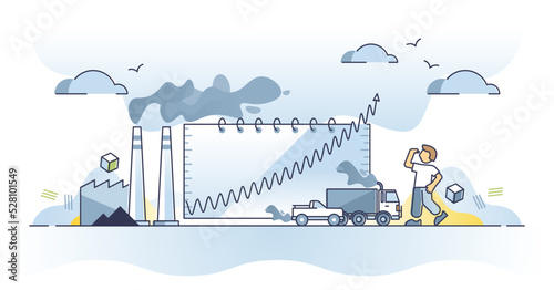 Keeling curve daily record of global atmospheric carbon dioxide concentration outline concept. CO2 pollution amount with exhaust gases released in air vector illustration. Emissions data monitoring.