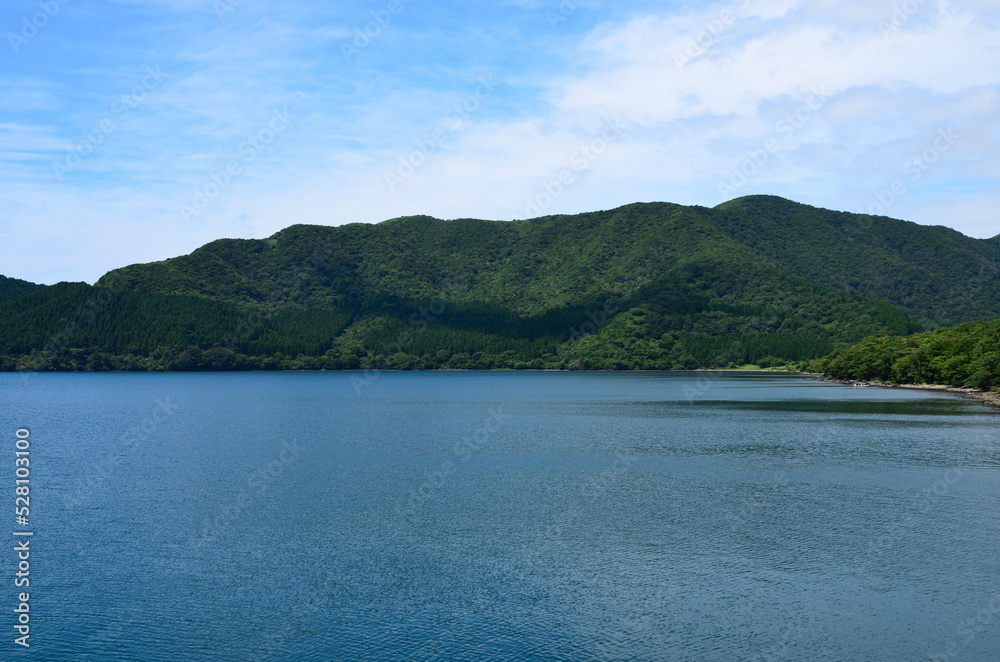 箱根海賊船から見える夏の芦ノ湖と青い空