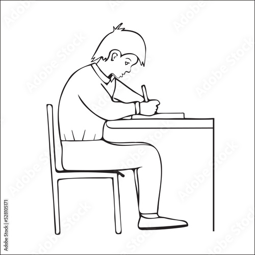Boy writes. Hand-drawn doodle of schoolboy writing in a textbook. Vector, editable, isolated on white. Doodle illustration.
