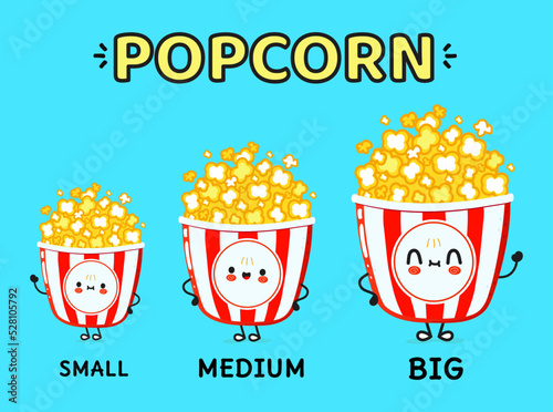 Set of different size popcorn vectors isolated on blue. Illustration of a small, medium and big popcorn collection