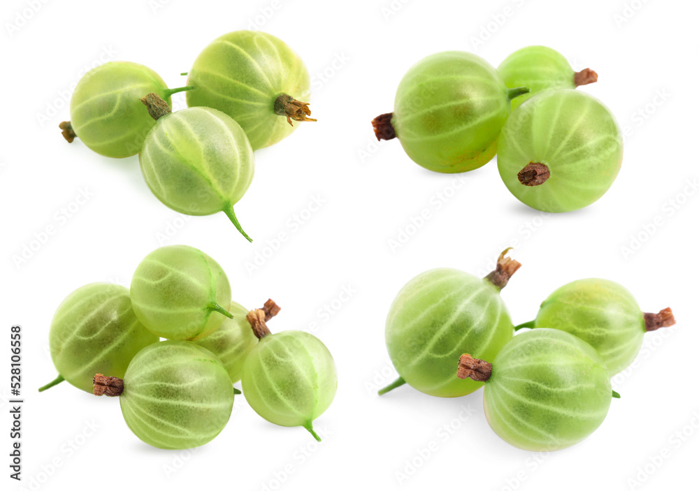 Set with fresh ripe gooseberries on white background Set with fresh ripe gooseberries on white background