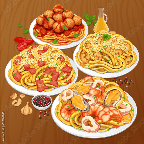 Famous italian pasta set menu banner illustration vector. 
Italian bacon carbonara pasta. Meatball spaghetti.
Seafood pasta with mussels shrimps and squids. 
Vegan mushroom carbonara spaghetti menu.