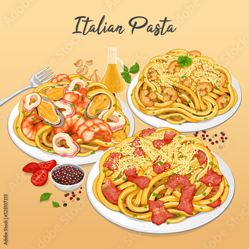 Famous italian pasta set menu banner close up illustration vector. 
Italian bacon carbonara pasta with cheese. 
Seafood pasta with mussels shrimps and squids. 
Vegan mushroom carbonara spaghetti menu.