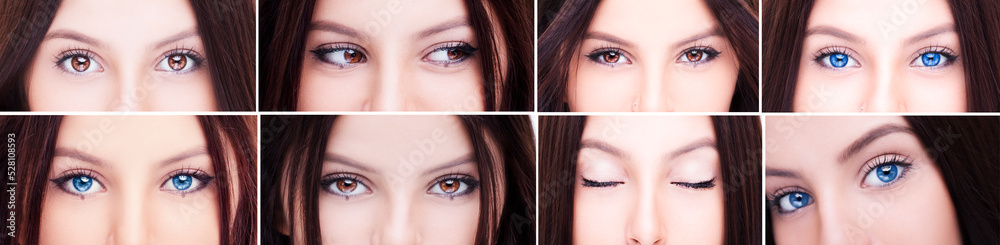 Fototapeta premium Set of 8 Beautiful female eyes, close-up shot