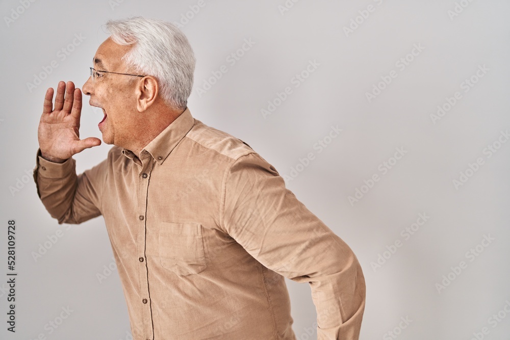 Hispanic senior man wearing glasses shouting and screaming loud to side with hand on mouth. communication concept. Hispanic senior man wearing glasses shouting and screaming loud to side with hand on mouth. communication concept.