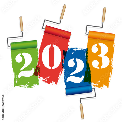 Carte de vœux pour une entreprise de peinture avec l’année 2023 écrite au pochoir avec des rouleaux de peinture de différentes couleurs