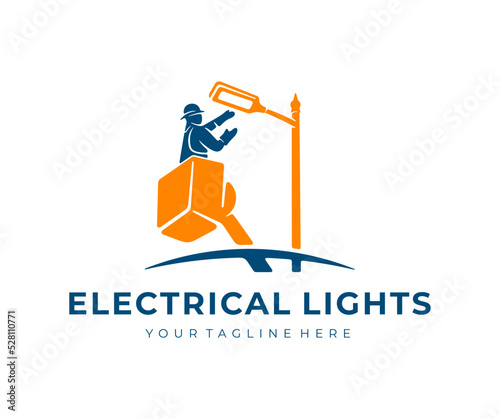 Electrician in lift bucket or bucket truck, repairing street light, logo design. Bucket lift, electrical, electricity, lighting and repair, vector design and illustration