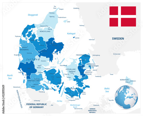Denmark Administrative map. Blue colors