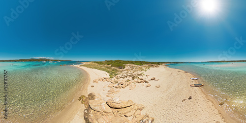 Aerial view on the sea and the beach of Piana island, close to the Bonifacio town in Corsica of France. Drone view of the Mediterranean sea from Piantarella beach.