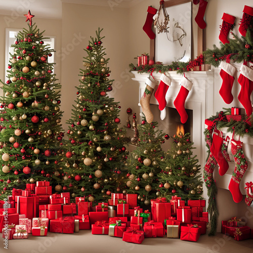 Interior christmas. magic glowing trees, fireplace, gifts.