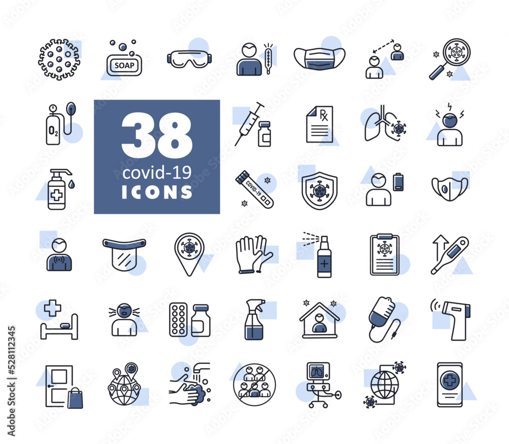 Fototapeta premium Set corona virus icons. Symptoms and protective