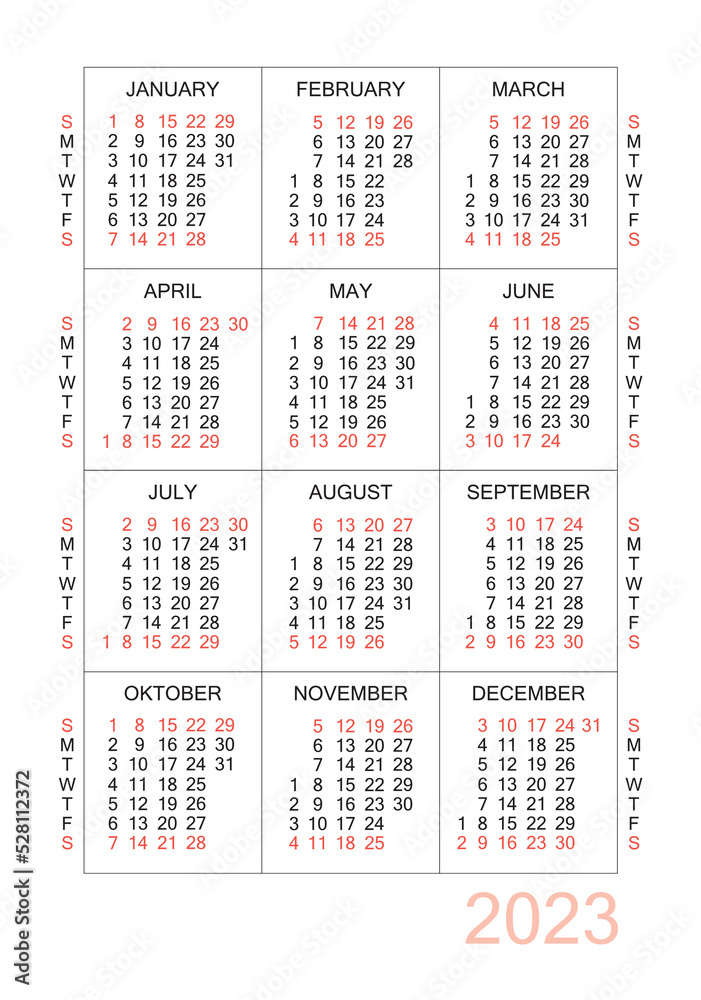 Vertical calendar for 2023 year. Simple calendar grid isolated on a