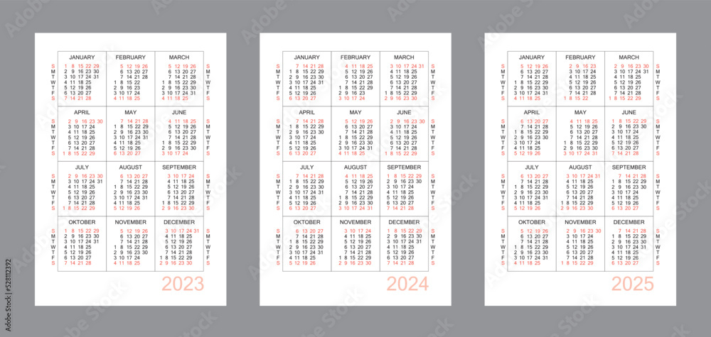 Vertical calendar for 3 years - 2023, 2024, 2025. Simple calendar grid ...