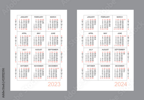Vertical calendar for 2 years - 2023, 2024. Simple calendar grid isolated on a white background, Sunday to Monday, business template. Yearly calendar ready for print. Vector illustration.
