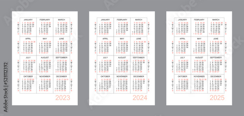 Vertical calendar for 3 years - 2023, 2024, 2025. Simple calendar grid isolated on a white background, Sunday to Monday, business template. Yearly calendar ready for print. Vector illustration.