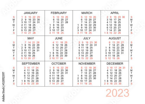 Horizontal calendar for 2023 year. Simple calendar grid isolated on a white background, Sunday to Monday, business template. Yearly calendar ready for print. Vector illustration.