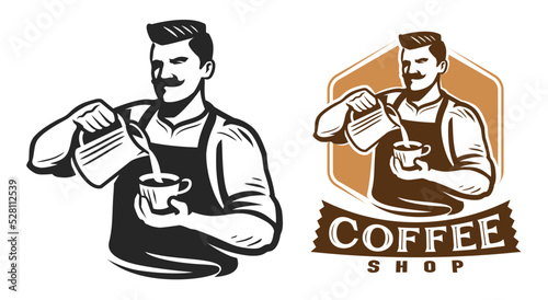 Coffee shop emblem. Design template for restaurant or cafe menu. Barista preparing coffee logo vector illustration