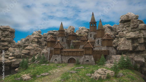 Fantasy medieval castle built of wood and stone in a rocky landscape. 3D rendering.