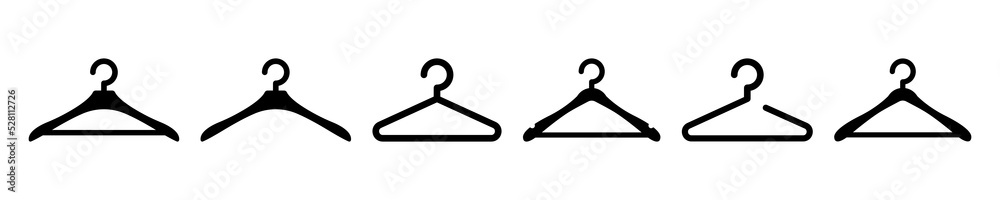 Set of clothes hanger vector icons. Hanger for cloakroom or closet. Hang for coat, shirt or suit. Vector 10 EPS. - obrazy, fototapety, plakaty 