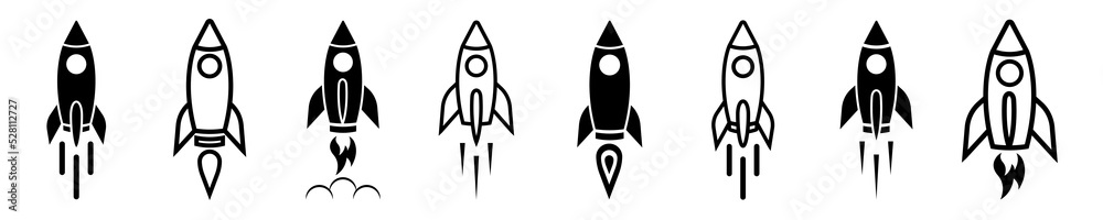 Set of rocket vector icons. Launch spaceship or spacecraft. Rocket fast flying for space. New business start up. 