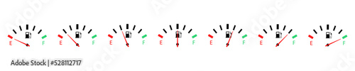 Set of fuel indicator from empty to full. Car panel. Level petrol and diesel on car. Control panel. Measurement dial.