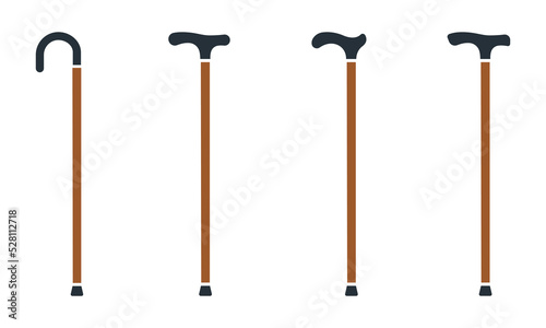 Set of walking cane vector icons. Wooden stick on white background. Cane for elderly, old, aged and disabled person. Vector 10 EPS.