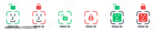 Set of face recognition vector icons. Unlock phone from face scanning. Facial identification system. Vector 10 ESP.