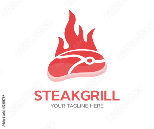 Steak on the grill with flames, BBQ logo design. Barbecue restaurant set - Logo icon of Barbecue, Grill and Bar with fire. Barbecue and Grill logo, emblem, label, badge vector design and illustration.