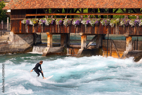 Canvas Print River Surfing in Thun, Switzerland, Europe
