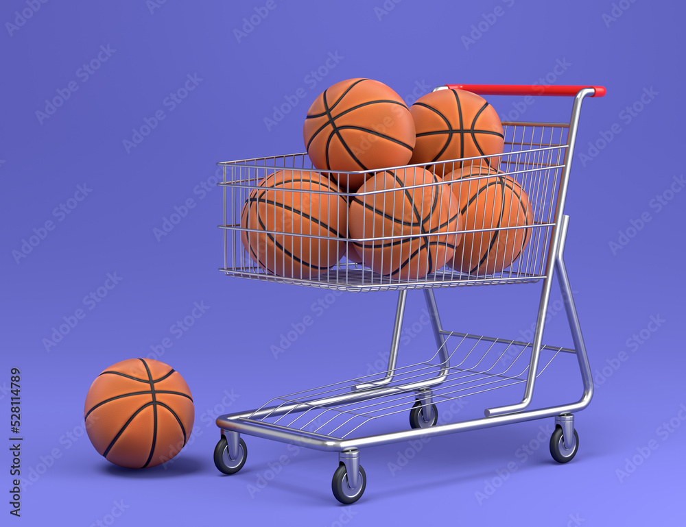 Set of ball like basketball, football and golf in shopping cart on violet