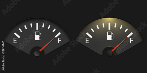 Gas Gage Illuminated. Realistic Fuel gauge showing full. Vector illustration.