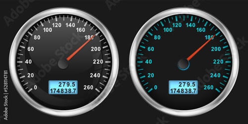 Realistic speedometer. Realistic glossy rounded buttons with speedometer. Vector illustration.