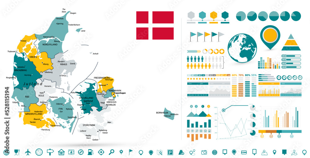 Denmark Map and Infographic design elements