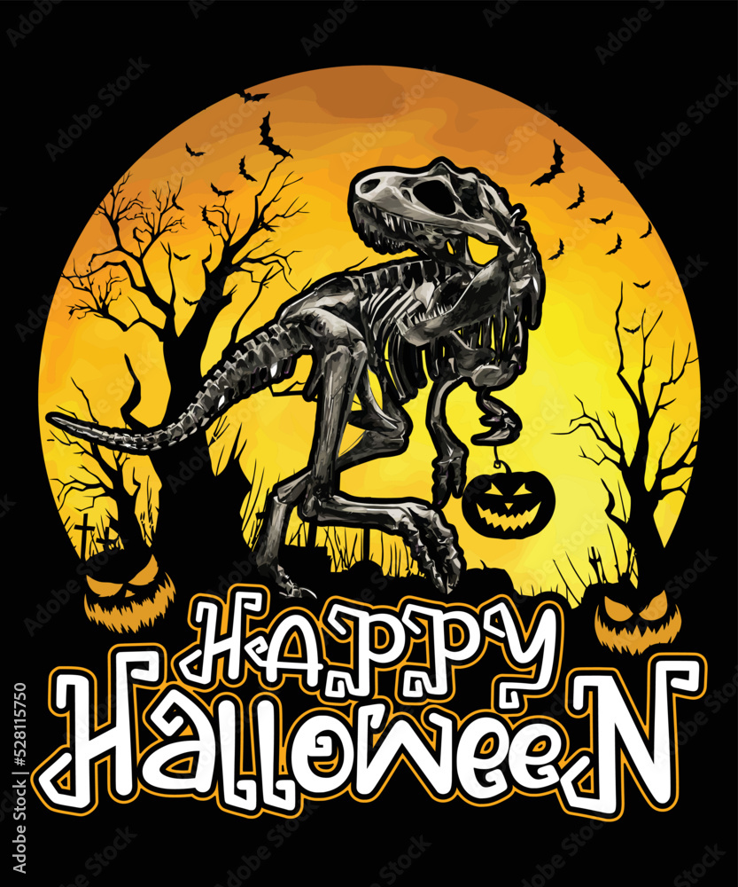 Happy Halloween Dinosaur Skelton T Shirt, Happy Halloween Retro Vintage Shirt, Halloween Forest Pumpkin Face Shirt Print Template