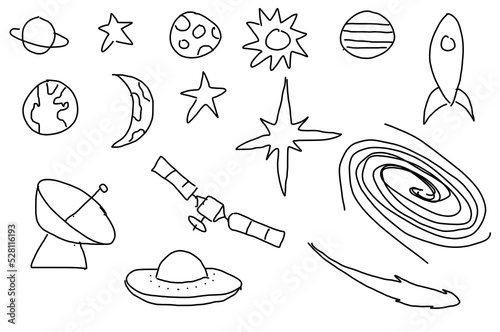 Hand Drawn Outer Space Objects. Black on White. Planet, Moon, Stars, Galaxy, Universe. Illustration