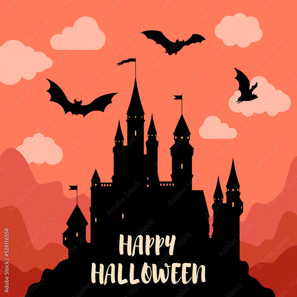Holiday card with amazing view of castle, bats in sky and text Happy Halloween. Dark gothic picture made up of medieval chateau and bats under orange cloudy sky before sunrise as postcard or poster.