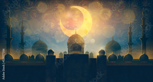 Arabian city, Ramadan Kareem holiday sunset or night scene with arab mosques and minarets silhouettes under orange starry sky with crescent moon. Eid al fitr, Happy muharram, Islamic new year Happy photo