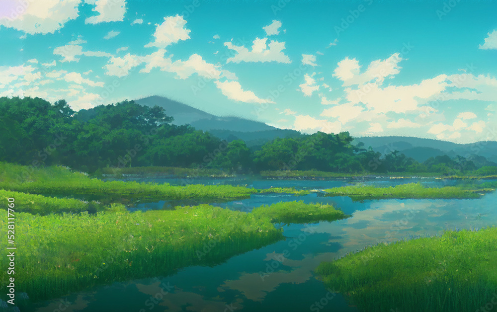 beautiful anime wallpaper with a lake