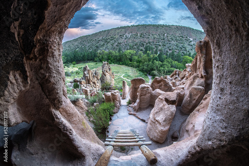 View out from a cavate, a cave used by ancestral Pueblo as a home, Talus House Area, Frijoles Canyon, Bandelier NM, New Mexico photo