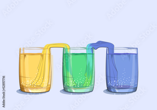 Experience at home with color for kids. Vector illustration. The paint moves over the napkin and the colors are mixed in a glass of water. Drawing for an educational magazine. School of drawing.